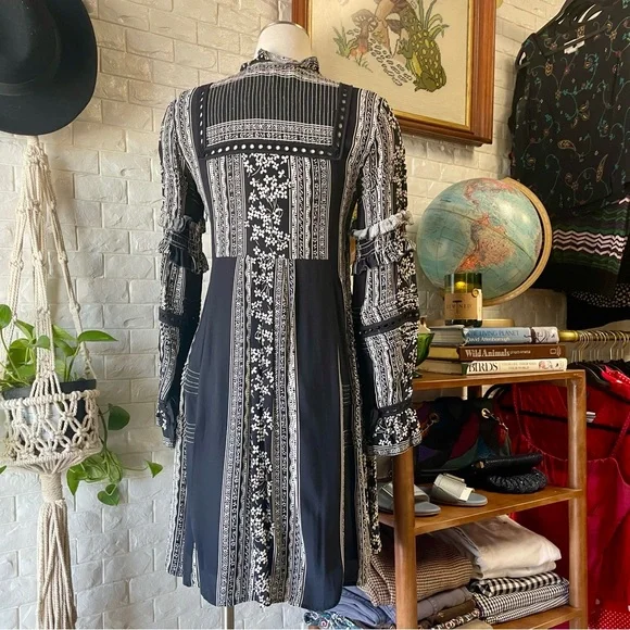Sea New York Keely Tie-Neck Long-Sleeve Peasant Mini Tunic Dress Black Boho - Picture 9 of 15